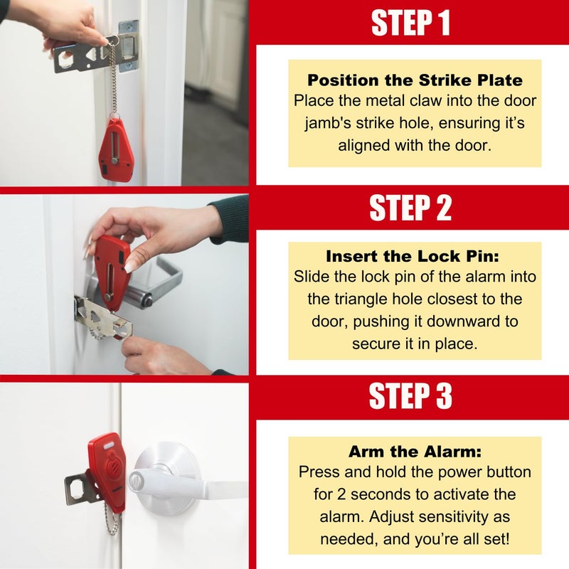Securityman Portable Door Lock with Alarm | Hotel Door Locks for Travelers Security | Loud 130dB Door Security Device for Hotel Room  Apartment Home  & Travel Safety Inside for Women Children - Red - Image 5